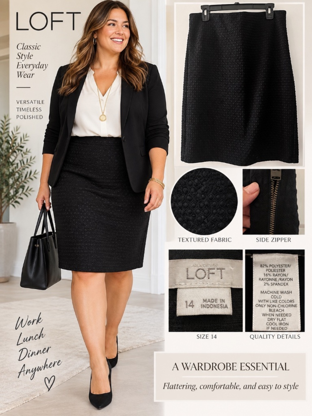 🖤 LOFT Black Textured Pencil Skirt | Size 14 | Excellent Condition